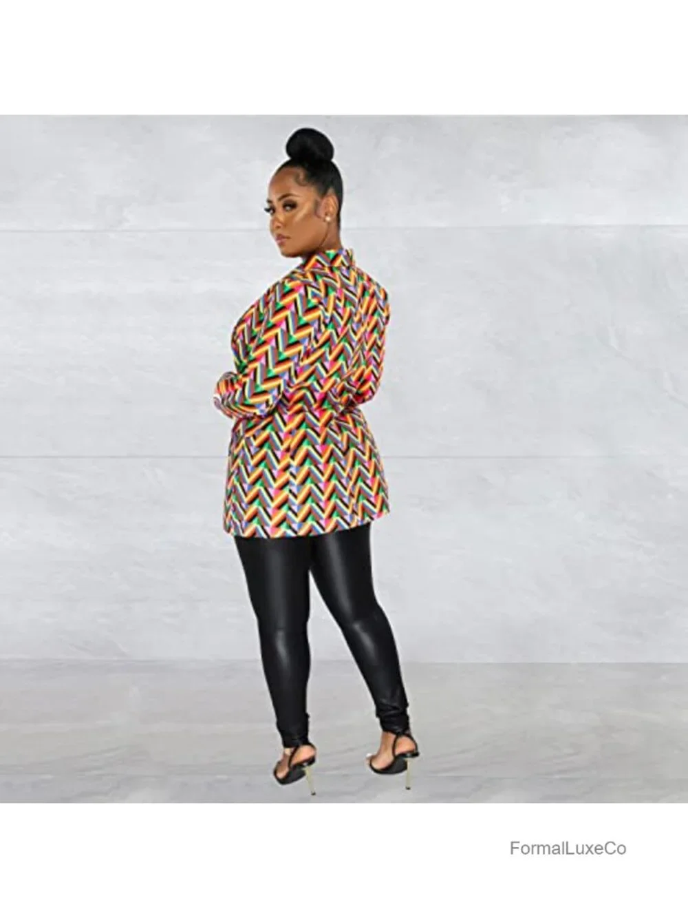 Graphic Print Blazer Button Open Front Long Sleeve Casual Jacket
